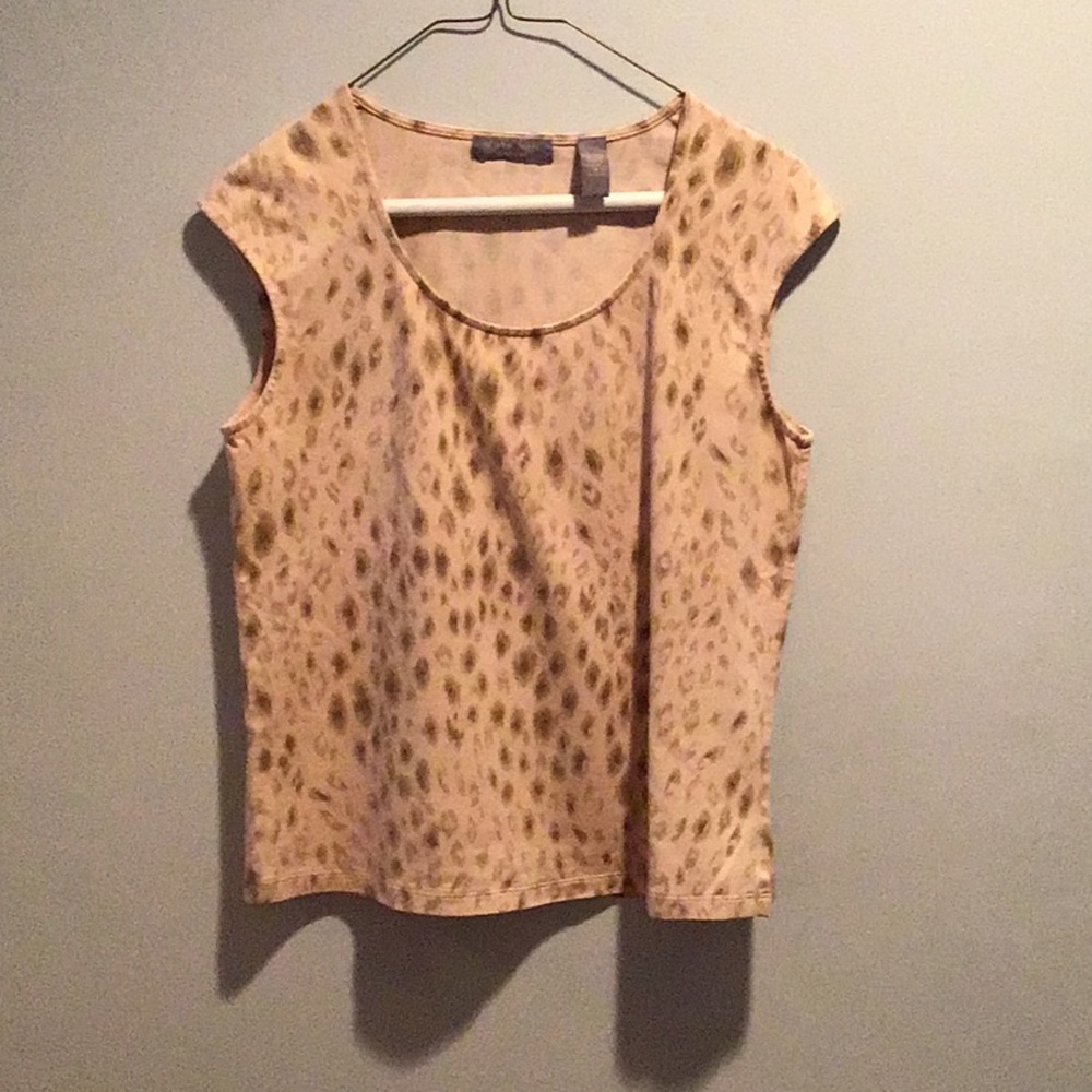 Kate Hill Olive Green/Tan Print Sleeveless Pull Over Top Medium Scoop Neck